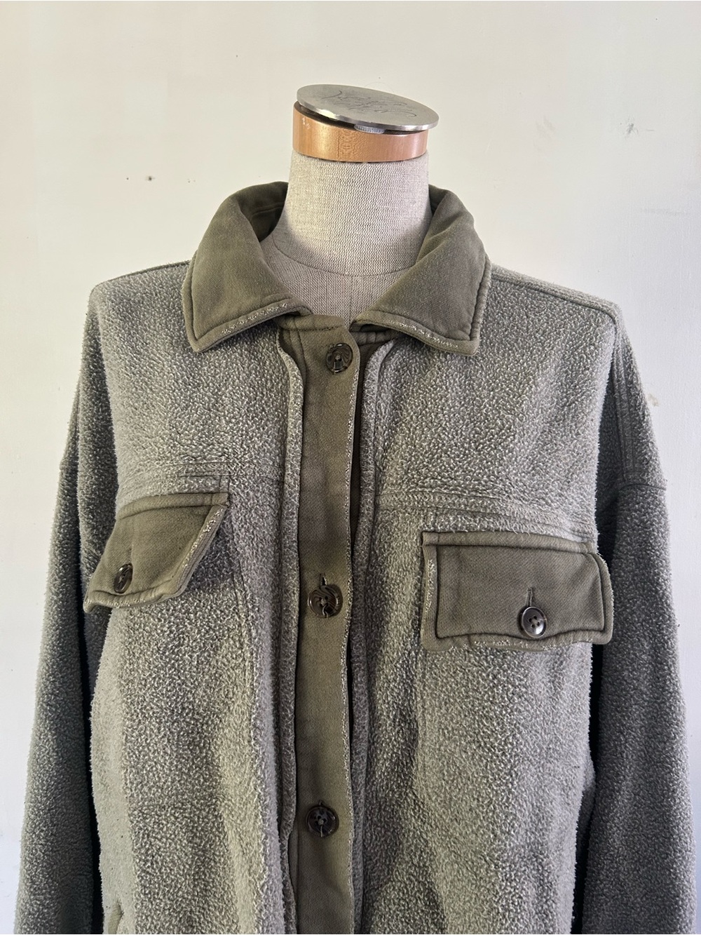 Free People Olive Green Teddy Sherpa Button-Up Jacket